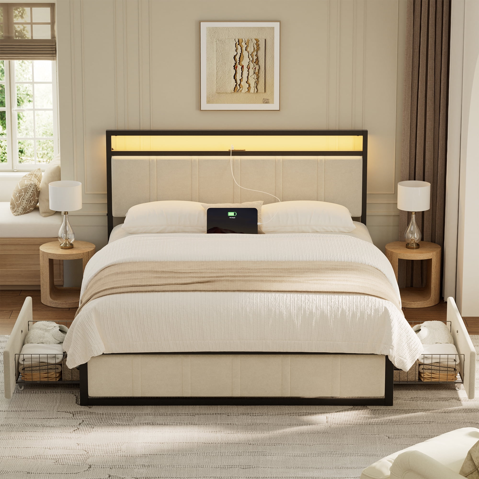 GUNAITO Queen Bed Frame with Headboard, Platform Bed with 2 Drawers, Velvet Upholstered Bed Frame with LED Lights & Charging station，Beige