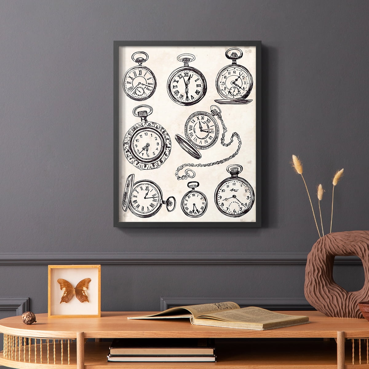 Pocket Watch Sketches I in Black Solid Wood 11 x 14 Framed Print