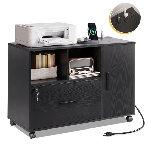 GALAXHERO File Cabinet with Charging Station, 1-Drawer Lateral File Cabinet with Lock for Home Office, Wooden Rolling Printer Stand with Shelves, Black