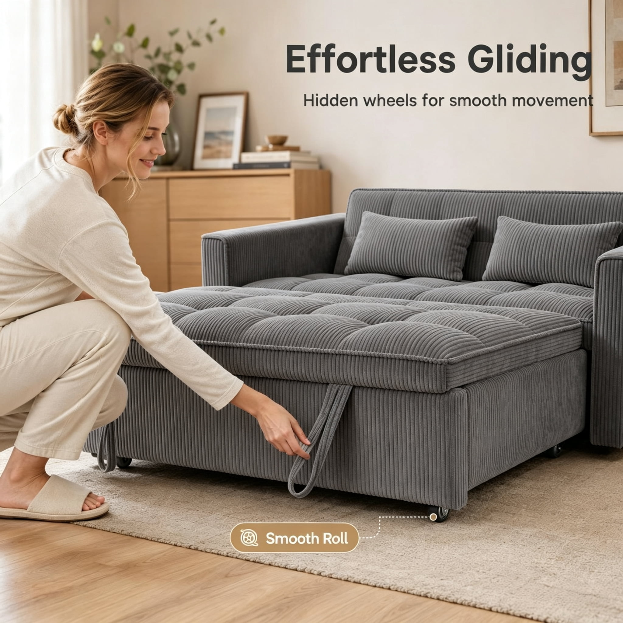Scolyk 54" 3 in 1 Convertible Sleeper Sofa Bed, Corduroy Loveseat Couch Bed Sofa Pull Out with 5-Position Adjustable Backrest, Storage Pockets, Lumbar Pillows for Living Room, Dark Gray