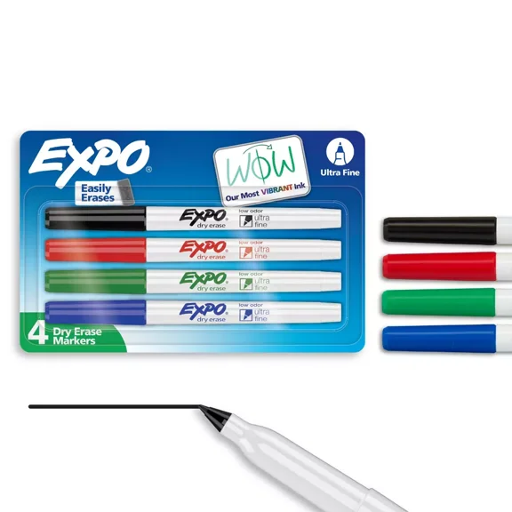 4pk Dry Erase Markers Ultra Fine Tip Multicolored: Thin Whiteboard Markers, Low-Odor, Erasable, Art & Stationery