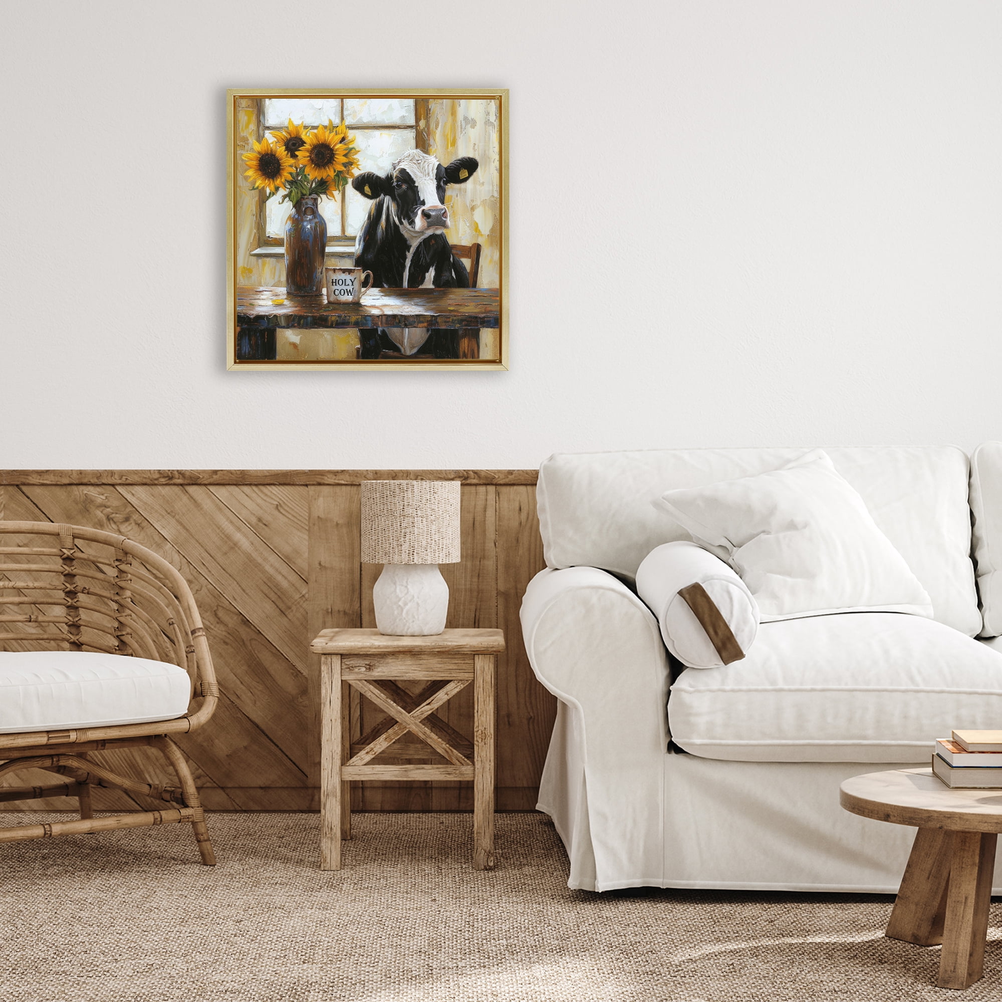 Stupell Industries Holy Cow Rustic Farm Table Gold Framed Floater Canvas Wall Art, design by Tina LeCour