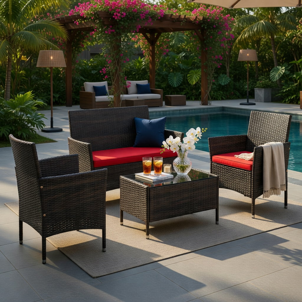 Hommoo 4-Piece Outdoor Rattan Patio Conversation Set with Plush Seat Cushions, Loveseat, 2 Chairs & Tempered Glass Coffee Table, Red