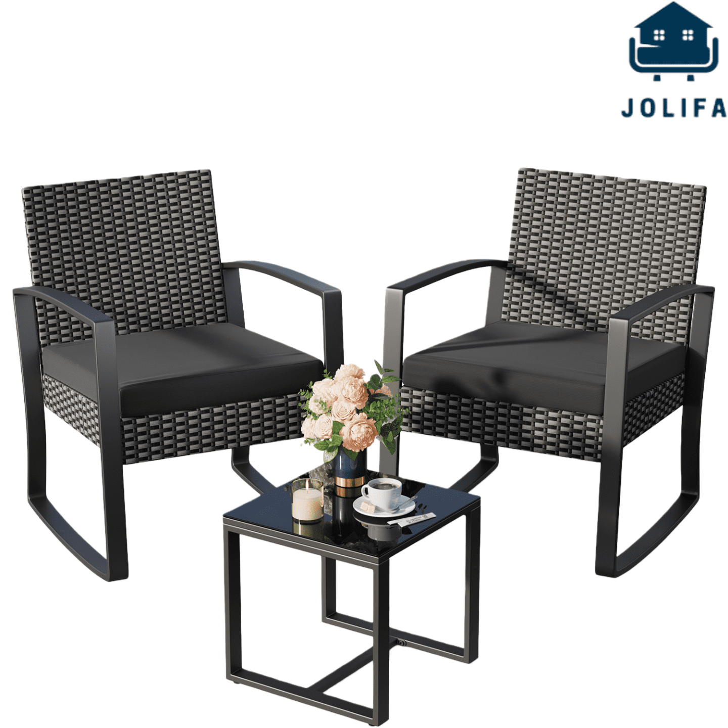 Jolifa Patio Furniture Set, 3 Pieces Outdoor Porch Furniture Set with Rocking Chairs and Glass Table for Balcony & Garden, Black Cushion Review