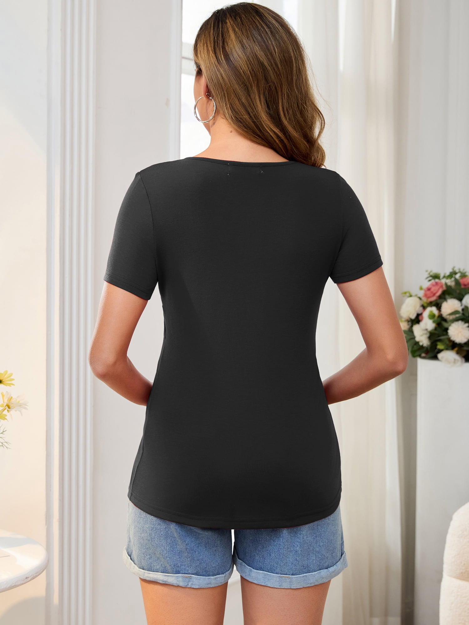 DARING DIVA Women's Short Sleeve Crew Neck Wrinkle Design Maternity Blouses XXL Black
