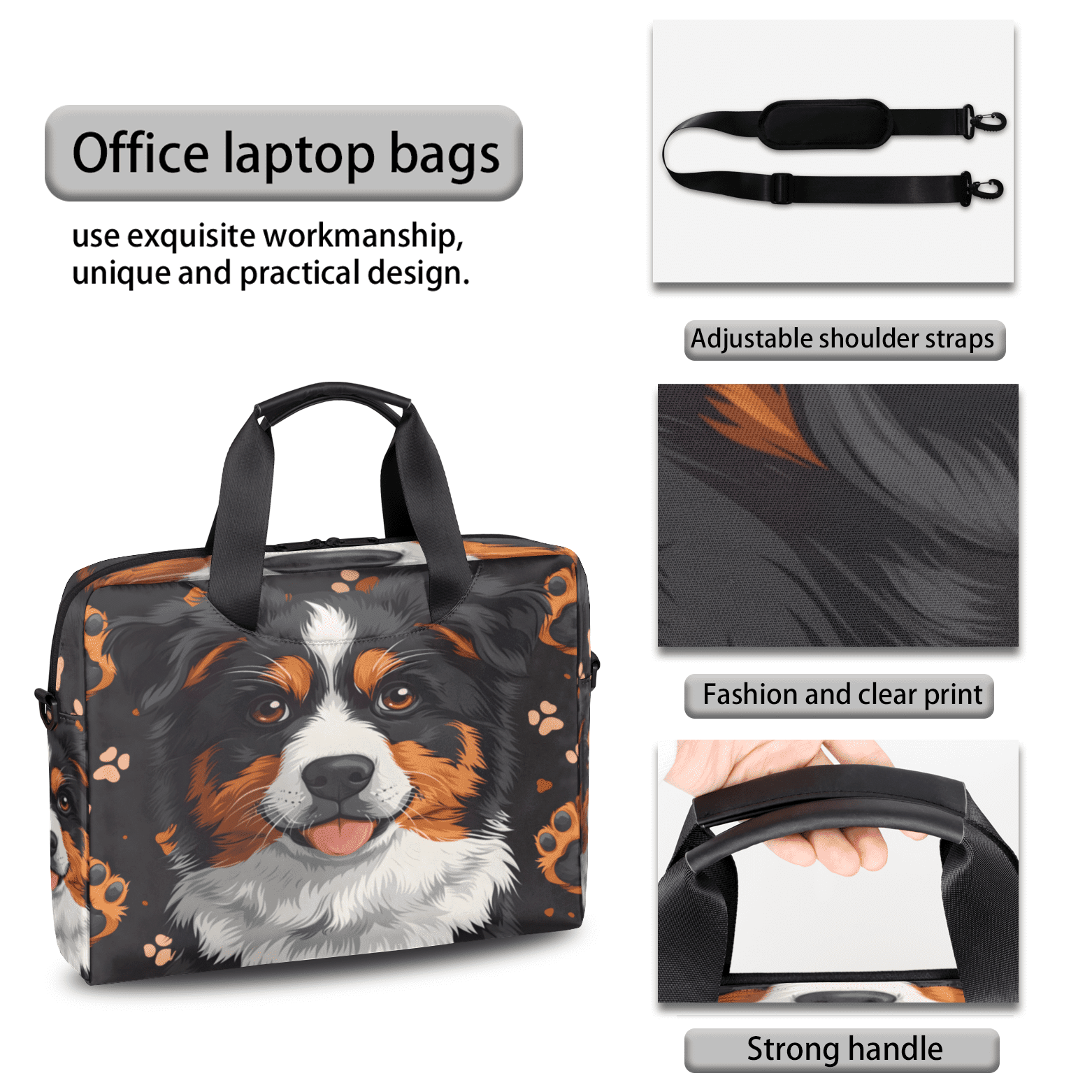 Herdesigns Border Collie Laptop Bag for Women Men, Computer Case Briefcase Messenger Bags, 15-15.6 inch Laptop Sleeve Shoulder Bag