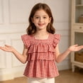 thumbnail image 7 of LEKWK Girls Gingham Top Toddler Tiered Ruffle Cap Sleeve Cute Tank Tops Square Neck Tie Back Babydoll Shirts Kids Summer Back to School Outfits Size 3-10Y, 7 of 7