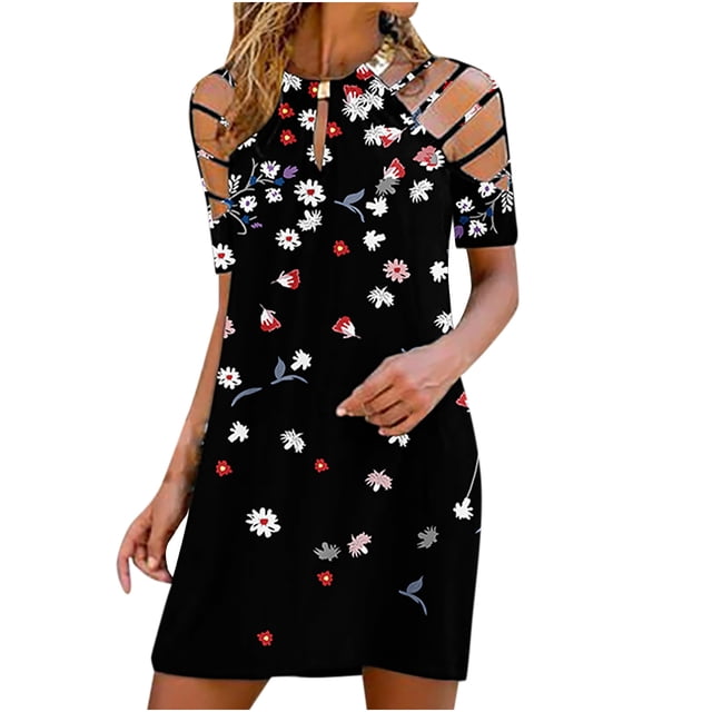 Pompotops Femmes Sexy Mode Manches Courtes Imprimé sur l'Épaule Robe Métal Licou
