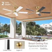 52 Inch Smart Ceiling Fan with LED Lights Remote,Quite DC Motor,Voice Control via Alexa Google WIFI Phone,Outdoor Indoor Modern Ceiling Fans,Dimmable,for Bedroom Patio Porch,Gold and White Black
