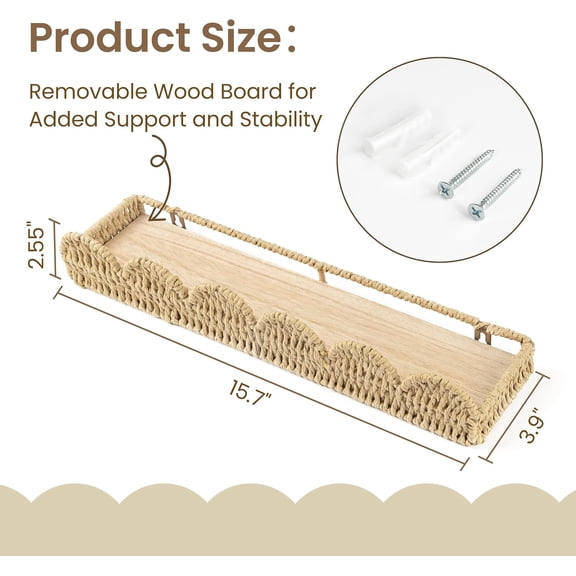 Scalloped Nursery Bookshelf, Set of 2, Picture Ledge Shelf for Wall Decor, Woven Straw Paper Floating Shelves for Books, Toys, Photo Frames, Nursery, Boho Modern Farmhouse Book Shelf, Beige