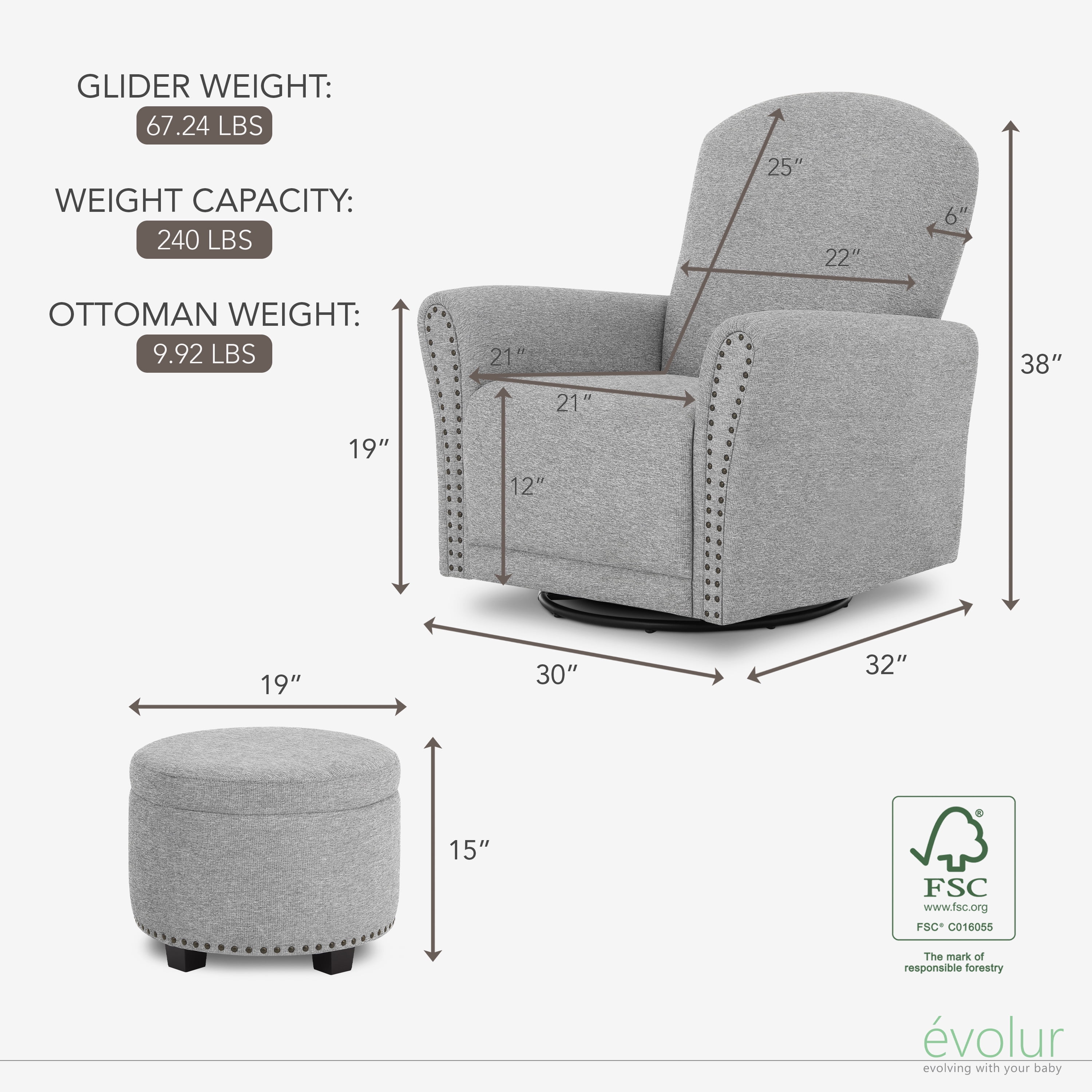 Evolur Vienna Swivel Glider with Ottoman and Nailhead Trim, Greenguard Gold Certified, Made from Sturdy and Sustainable FSC-Certified Wood, Grey
