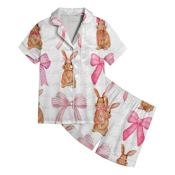 Curuila Infant Kids Girls Pajamas Set Short Sleeve Bowknot Print Lapel Button Down Pjs Tops With Shorts Soft Casual Homewear White Size 2-3 Years