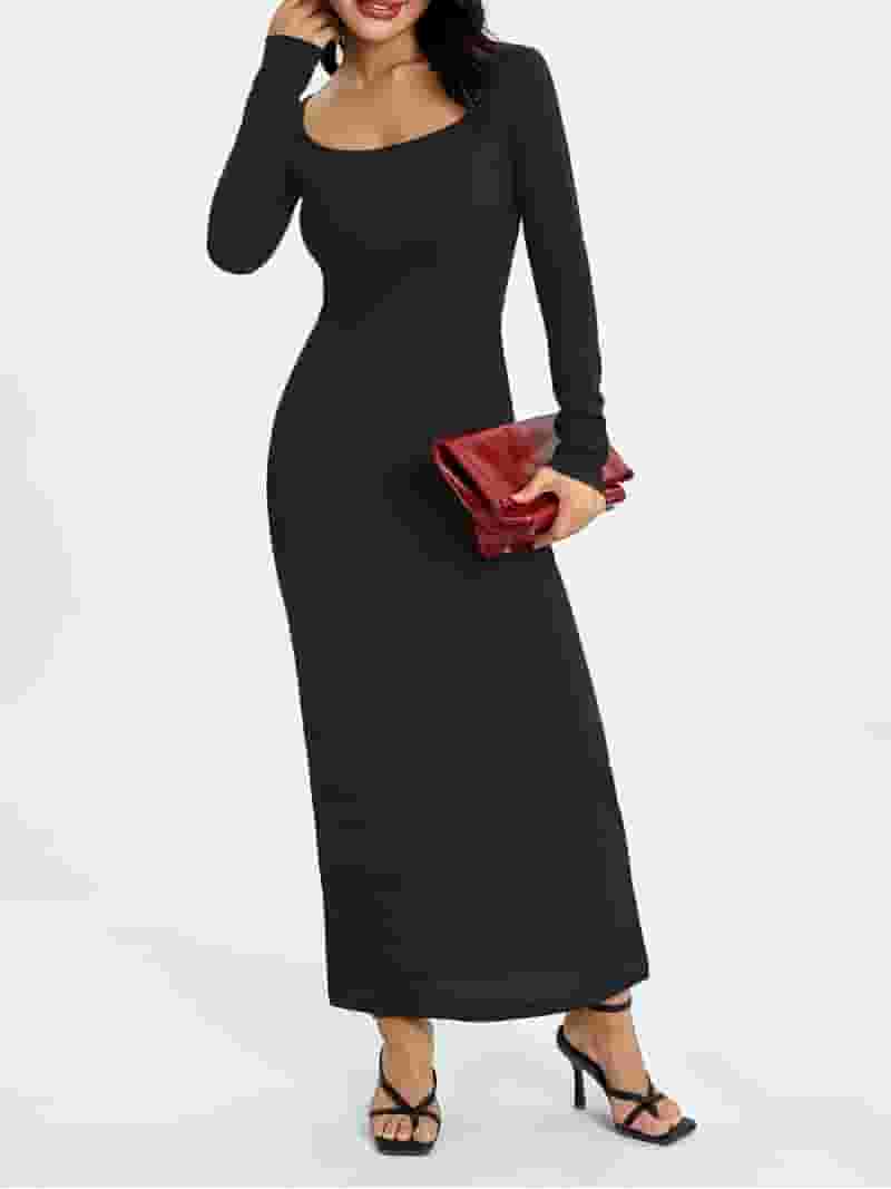 NEWALRIN☆Slim square neck long knit dress DcoolMoogl Women Bodycon Maxi Dress Solid Color Knitted