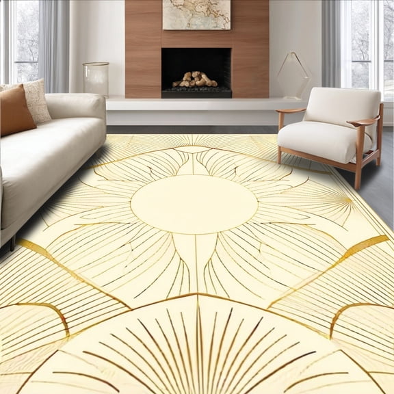 ODIKA 4'x6' Machine Washable Non-Slip Area Rug, Art Inspired with Stylized Fan Motif High Traffic Rug, Gold, 139543