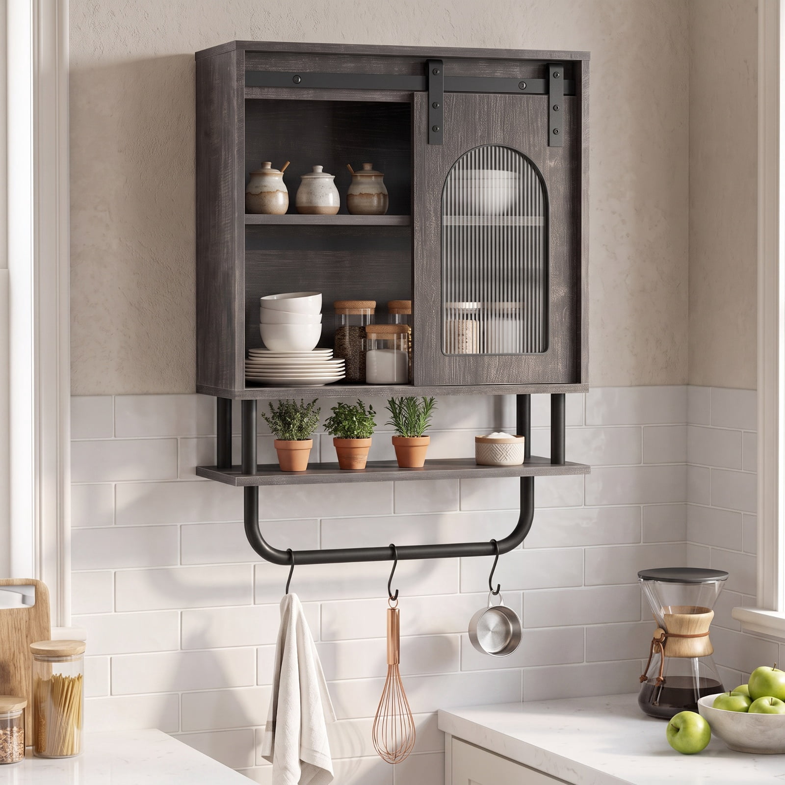 Vebreda Bathroom Wall Cabinet with Sliding Barn Door and Metal Hanging Bar with 3 Hooks, Stylish Farmhouse/Industrial Charm, Secure Wall Mounting