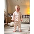 thumbnail image 5 of Cjfdfy Toddler Baby Girl Satin Pajamas Set Solid Color Ruffled Trim Button Down Long Sleeve Tops And Pants Little Baby Cute Soft Satin Loungewear 1-6Y, 5 of 9
