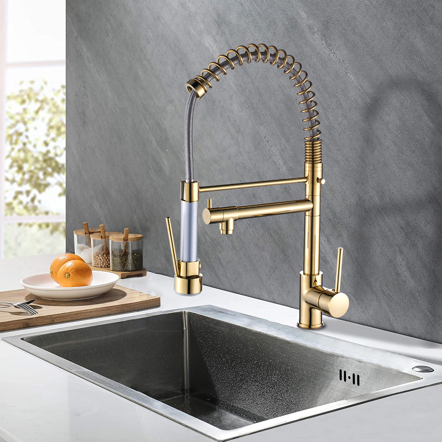 ANGELES HOME 360° Rotation Commerical Kitchen Faucet with Sprayer, Single Handle Pull Down Sprayer Kitchen Sink Faucet with LED Light Two Spout, Gold