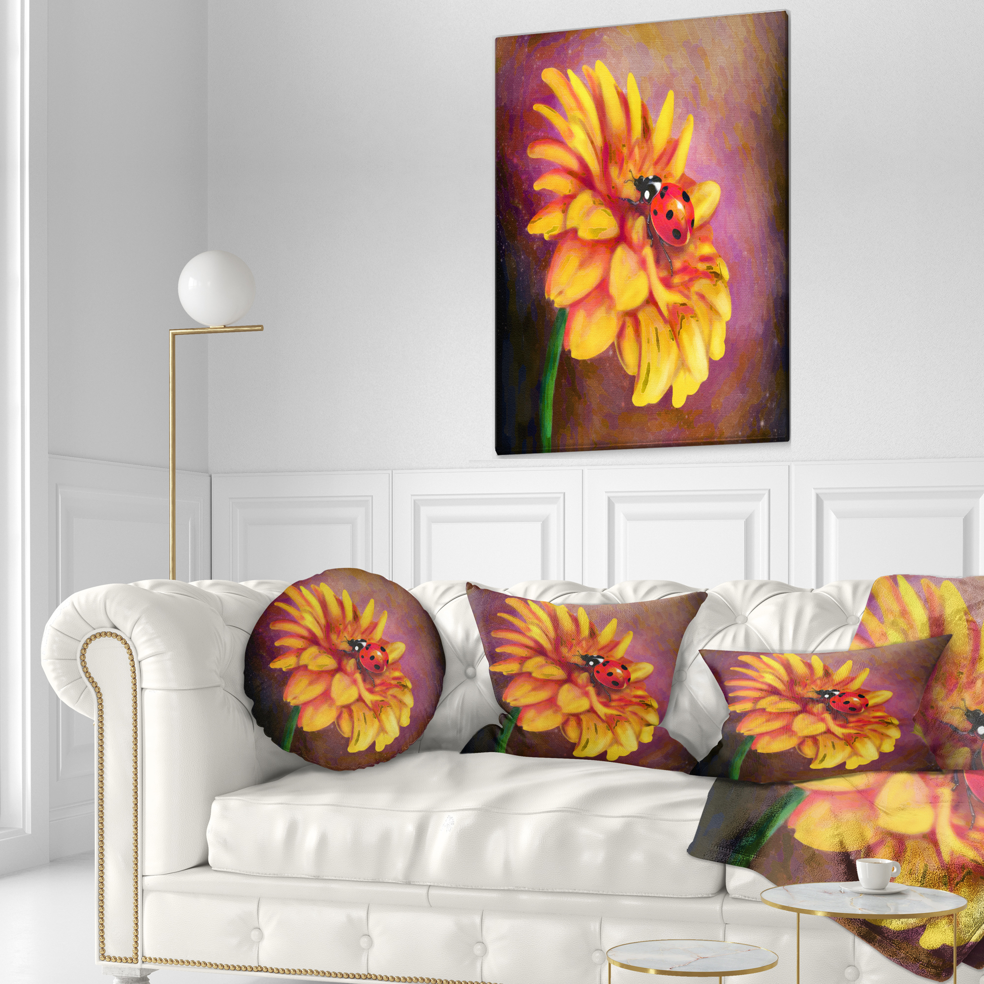 Designart Gerber and Ladybird Watercolor - Floral Throw Pillow - 12x20