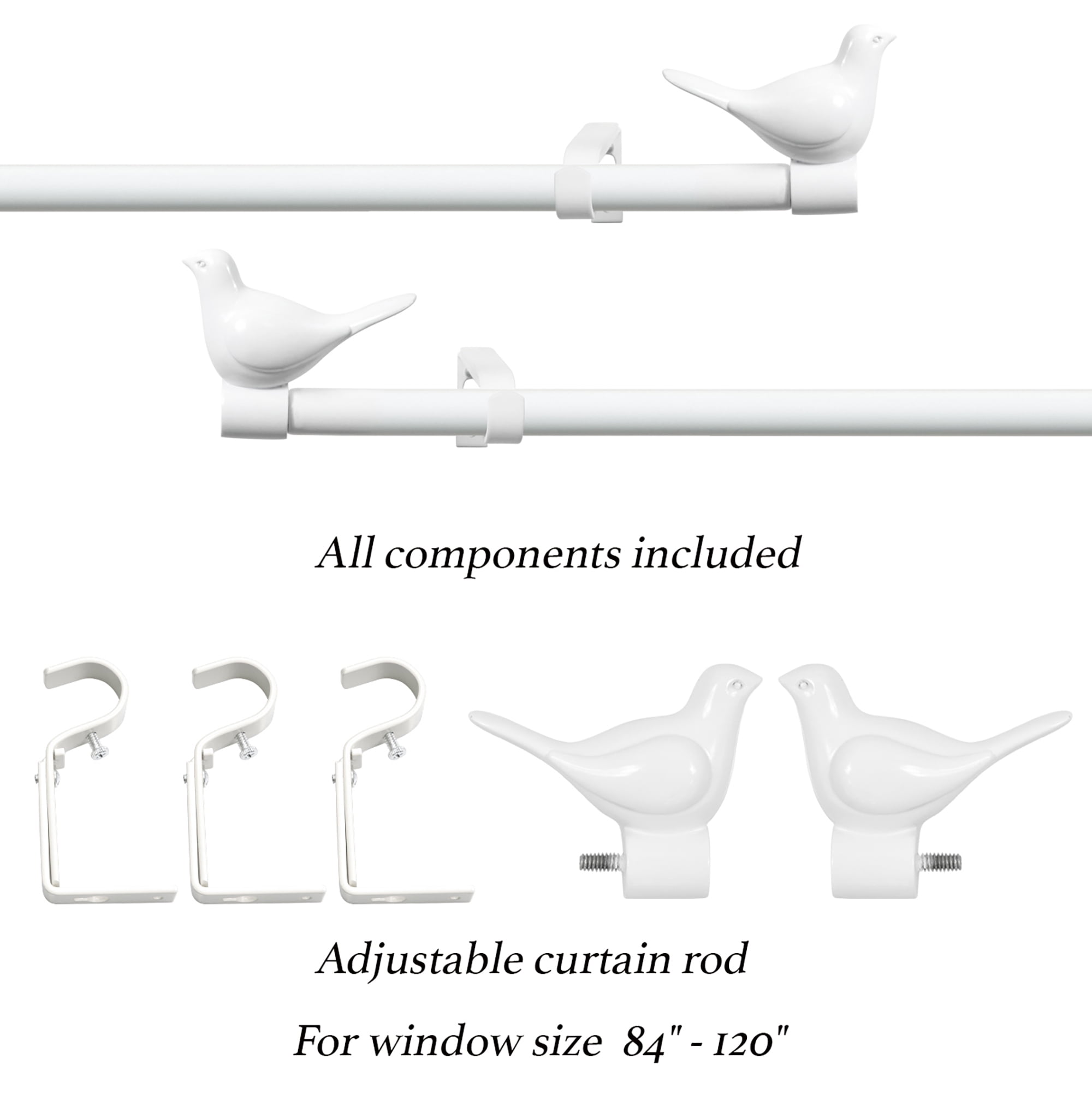 MERIVILLE 3/4" Diameter Farmhouse Single Window Treatment Curtain Rod, Bird Finials 84"-120", Glossy White