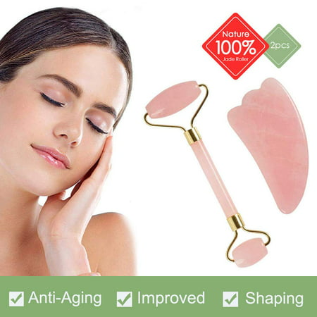 Jade Roller and Gua Sha Set,Anti-aging 100% Natural Rose Quartz Massager Roller For Beauty Facial Skin Massager for Face Body Eyes Neck Slimming Firming Wrinkles Reduce Puffiness Best