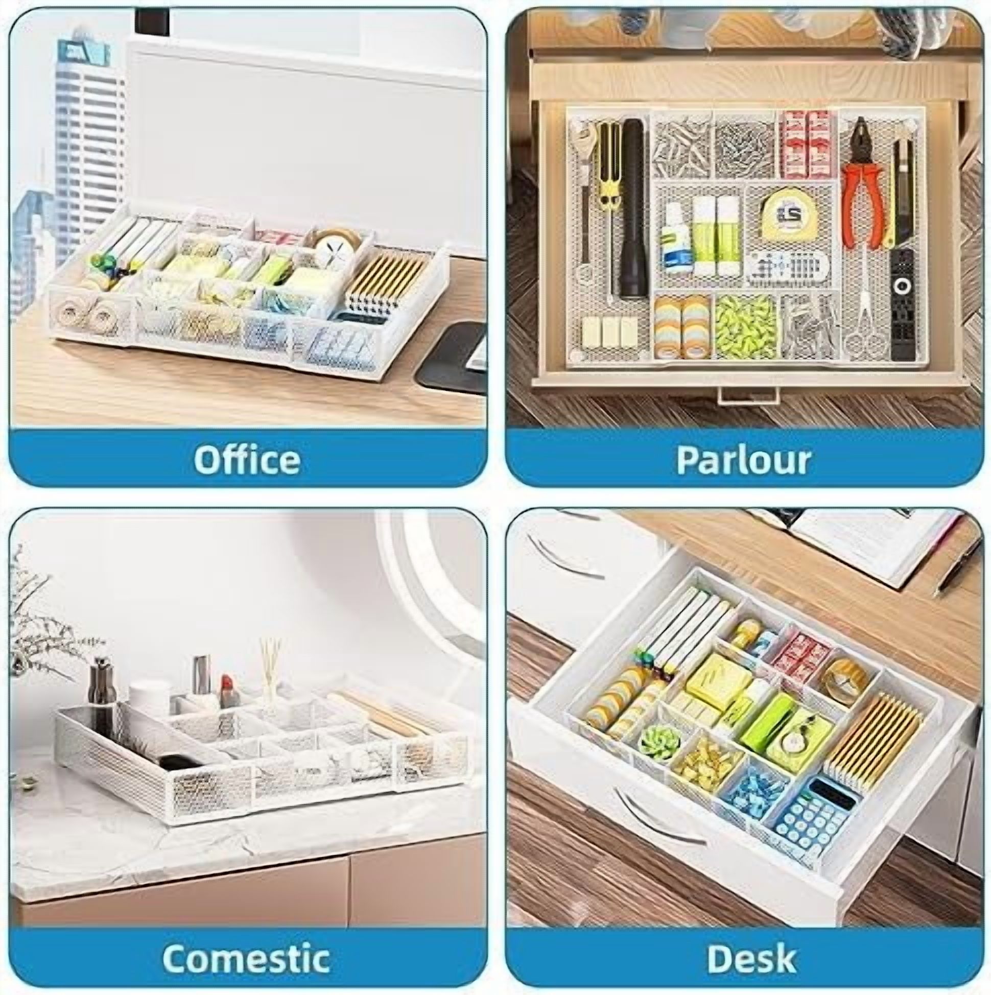 Expandable Desk Drawer Organizer, Mesh Drawer Organizer Tray with 10 Adjustable Compartments, Desk Organizers and Accessories for Office Supplies, Makeup & Vanity (Expandable White-2 pack)