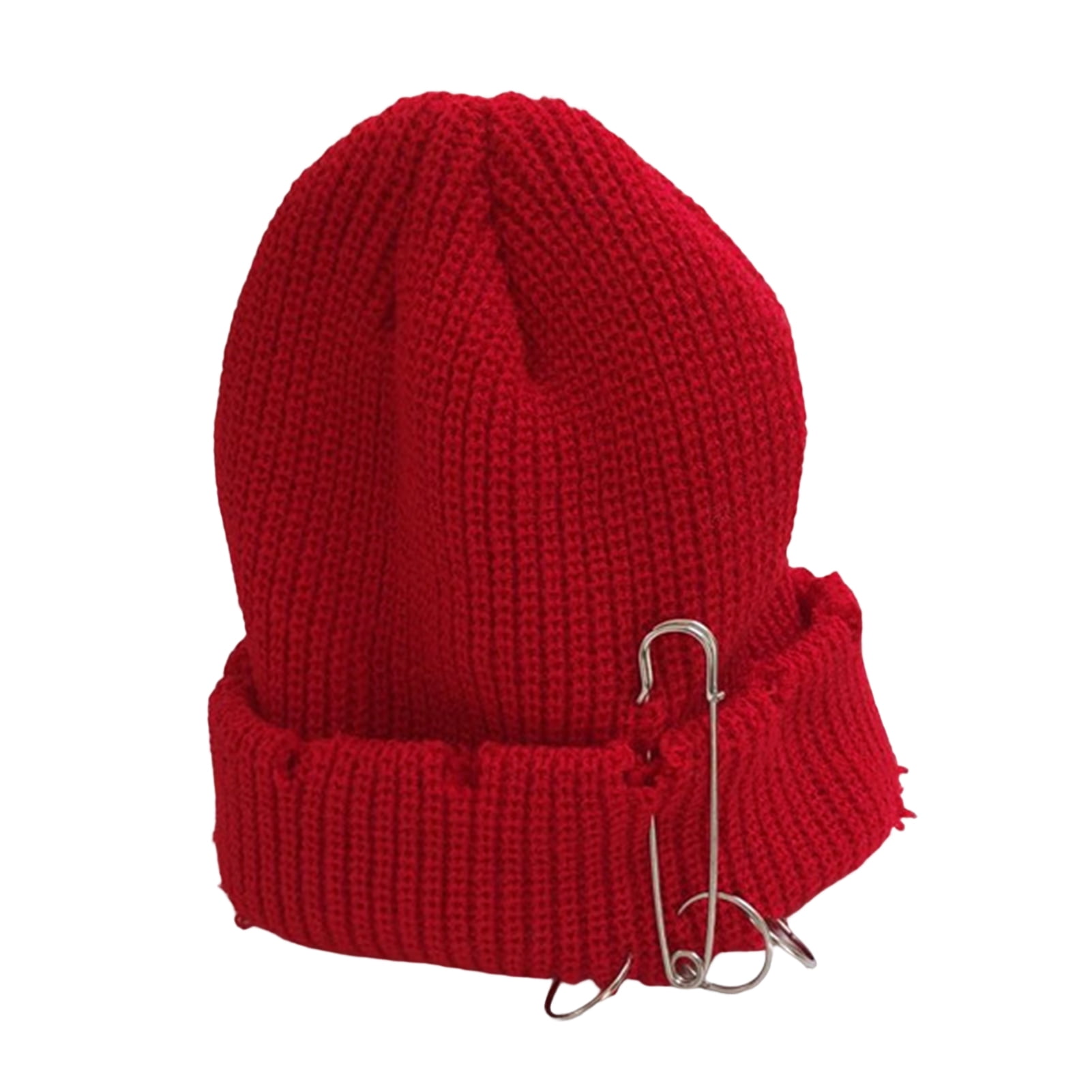 Opolski Women Men Bonnet Stretch Brimless Solid Color Knitted Unisex Keep Warm Metal Ring Decor Hip Hop Ripped Men Winter Hat for Daily Wear Yellow