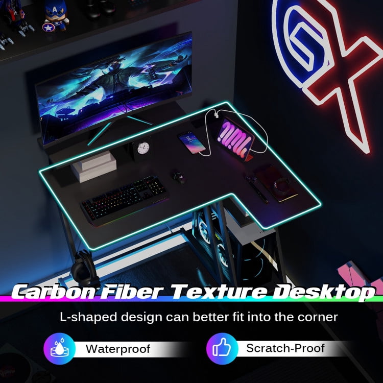 Resenkos L Shaped Gaming Desk with Outlets and USB Ports-Black, Home Office Desks, Gaming Computer Desks for Study,Working,Writing
