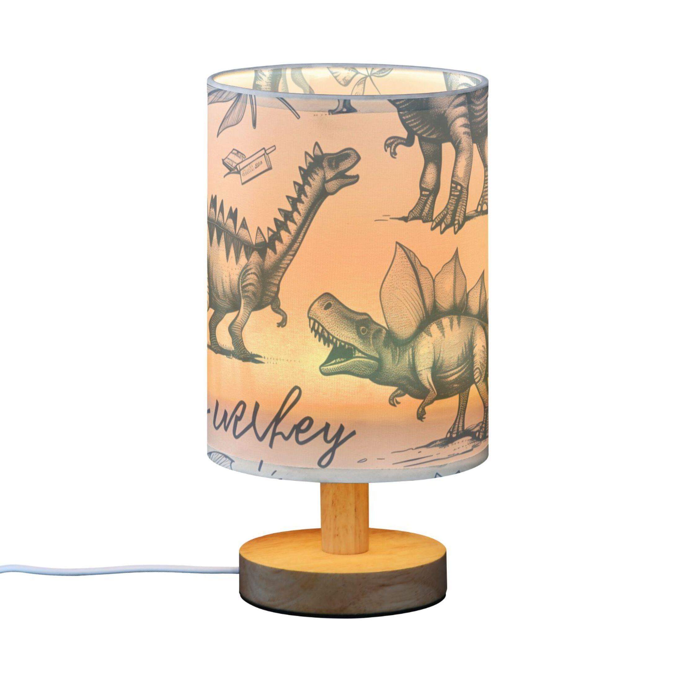 Hand-drawn Dinosaurs Table Lamp USB Bedside Desk Nightstand Lamp Printed Gifts Small Lamp Wood Base for Bedroom Living Room Kids Room College Dorm