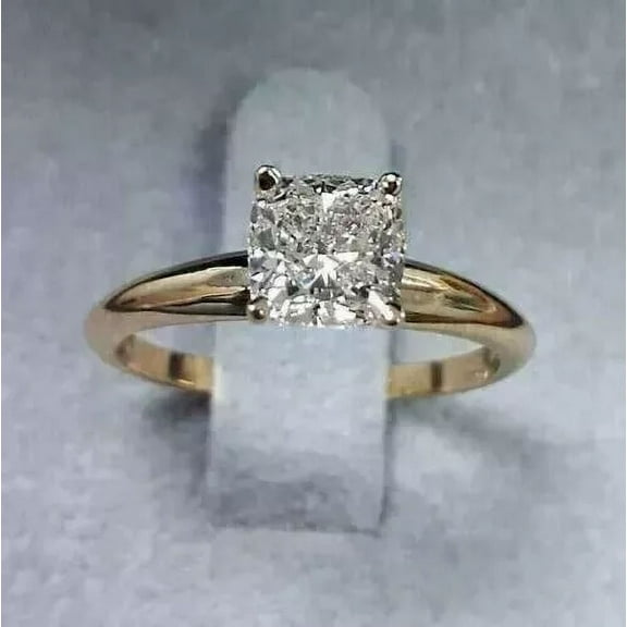 14K Yellow Gold Plated Silver 2Ct Cushion Cut Solitaire Real Moissanite Anniversary Ring