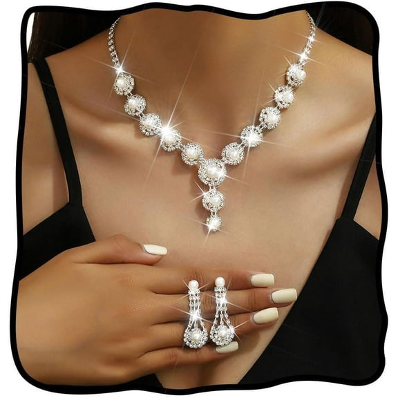 Pearl Jewelry Set Sparkly Rhinestone Necklace Earrings Sets Prom Costume Bridal Jewelry Set for Women