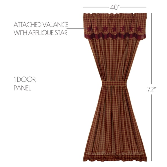 VHC Brands Star Cotton Primitive Curtains Rod Pocket Tie Back(s) Appliqued Door Panel, 72x40, Burgundy Red