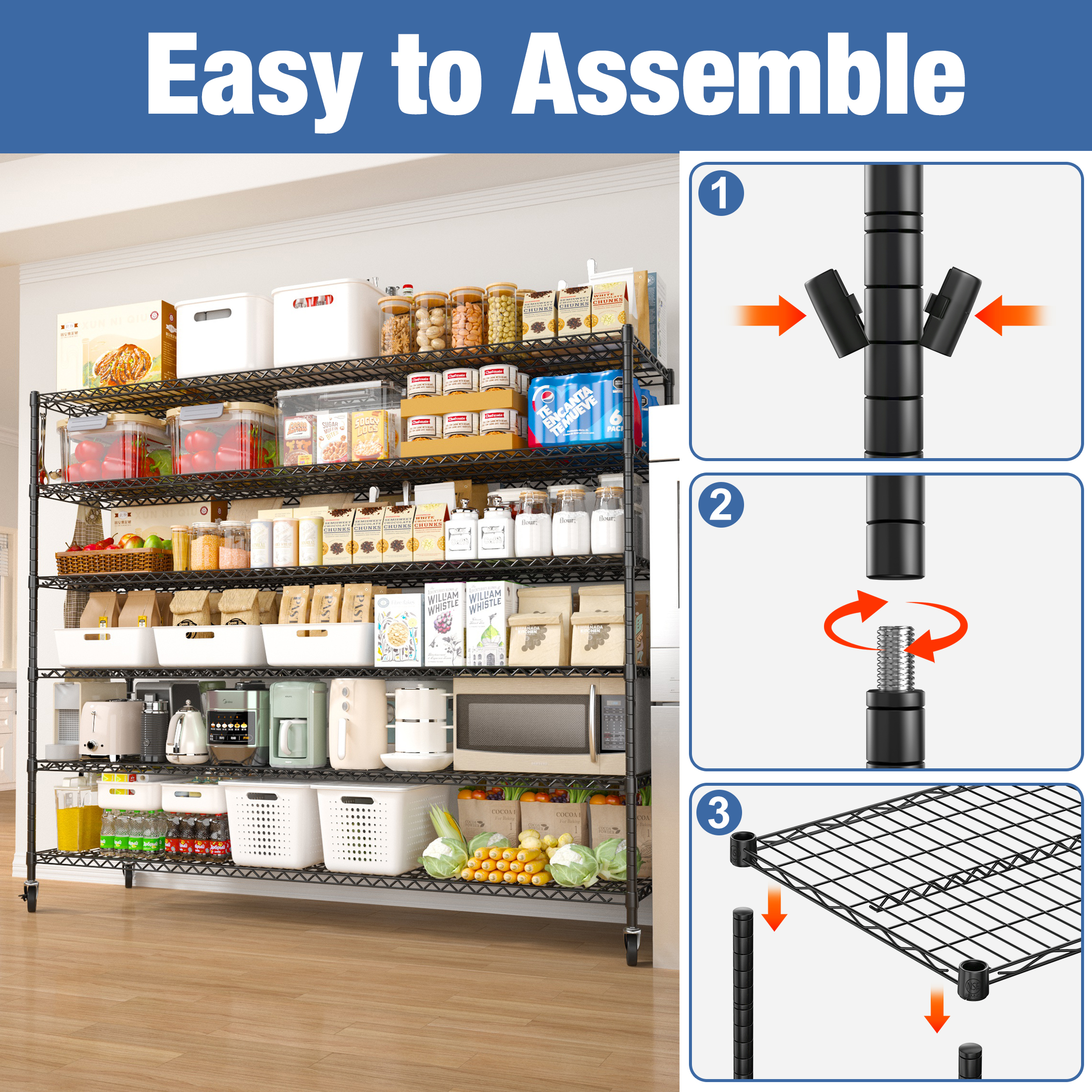 Prilinex 55.5“W Storage Shelves, 6-Tier Wire Shelving Adjustable Storage Rack, Heavy Duty Garage Shelving, Metal Shelving for Pantry Kitchen Steel Shelving, 55.5”W X 24''D X 76"H, Black