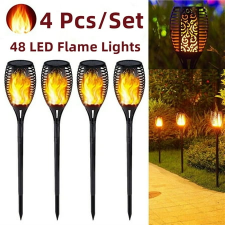 

4 Pcs Outdoor LED Solar Torch Lights 48 LED Flame Lights IP65 Waterproof Auto On/Off for Garden Patio Yard Lawn Pathway Vivid Dancing Flickering Flames