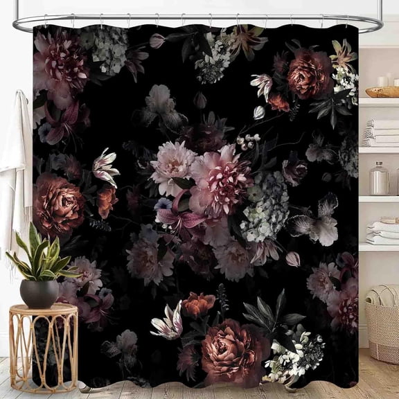 Black Floral Shower Curtains, Retro Vintage Boho Floral Peony Rose Flower Blossom Botanical Plants Art Decor Chic Waterproof Fabric Bathroom Shower Curtain Set with Hooks-72"W x 96"L (Pack of 1)