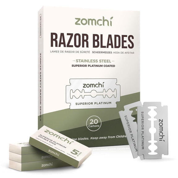 Zomchi Double Edge Razor Blades 2.0, 100 Count Platinum Stainless Steel, Fits All Safety Razors