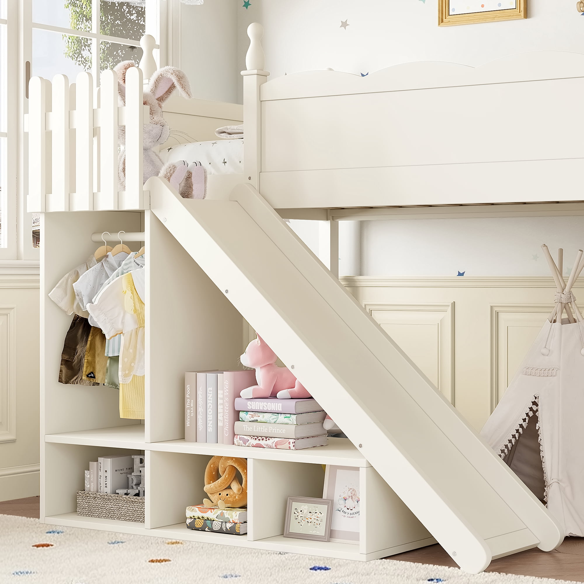 Leumius Twin Loft Bed Frame with Storage Shelves and Wardrobe, Solid Wood Loft Bed with Detachable Slide and Ladders for Kids Teens Adults Beige