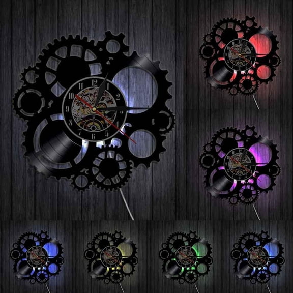 Steampunk Wall Decor Wall Clock Victorian Industrial Steampunk Gears Vinyl Record Wall Clock Gears and Cogs Decorative Clock With LED