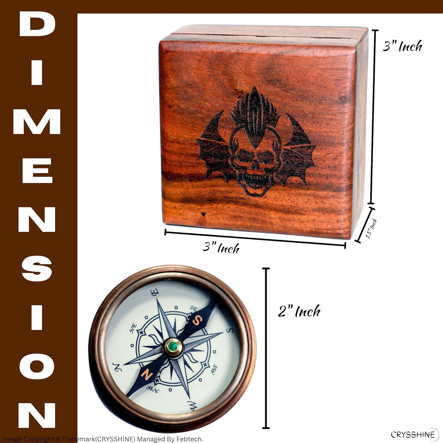 Navy Collection Compass with Wooden Box Skull and Deathbats Engravings | Antique Finish Collectors' Item with Compass Lid and Unique Patriotic Design