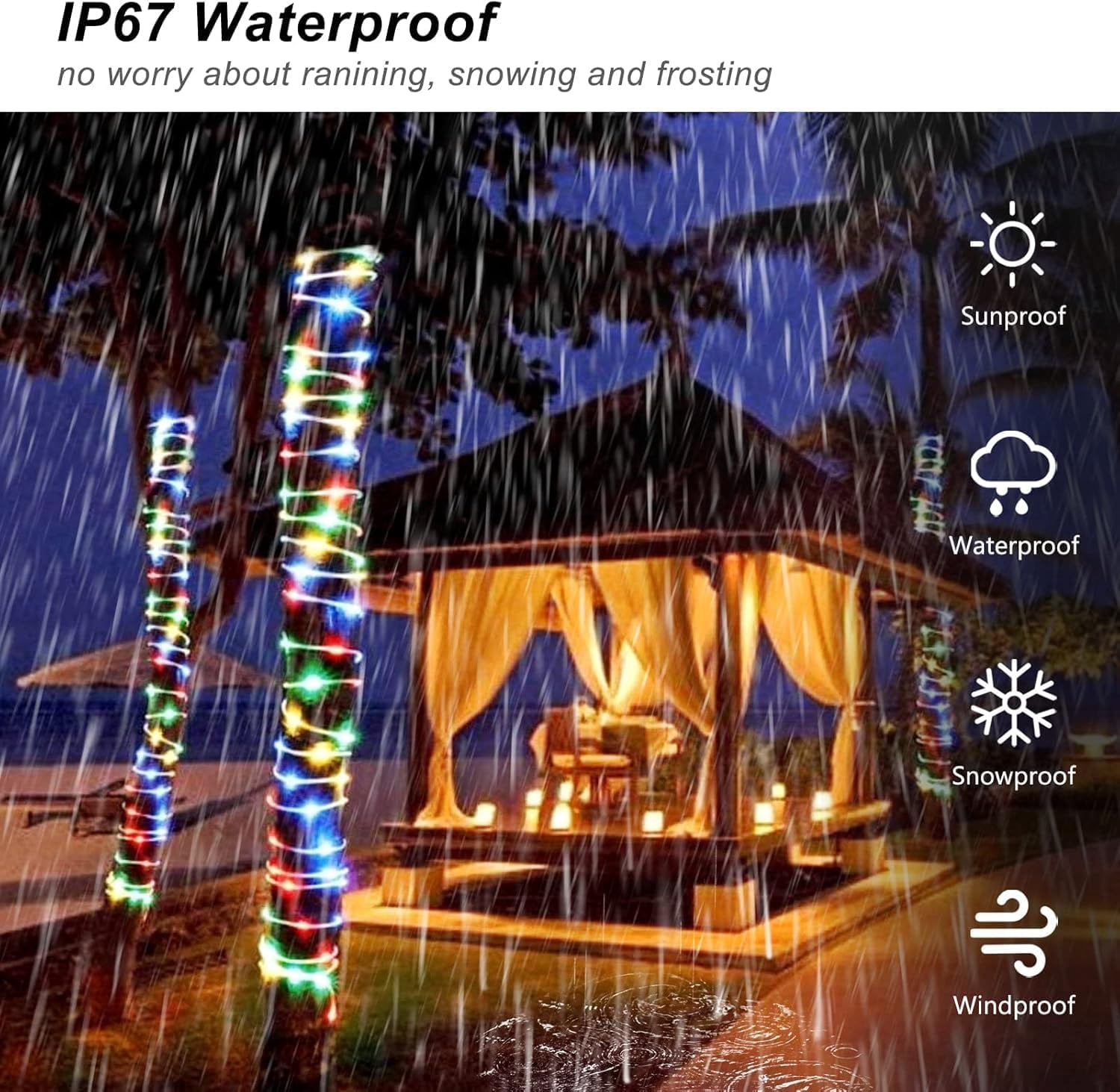 Rope String Lights, 7M/23ft 50LED Waterproof 8 Mode/Battery Christmas Lights,String Lights Outdoor Indoor for Trampoline Camping Canopy Tent Deck Decor