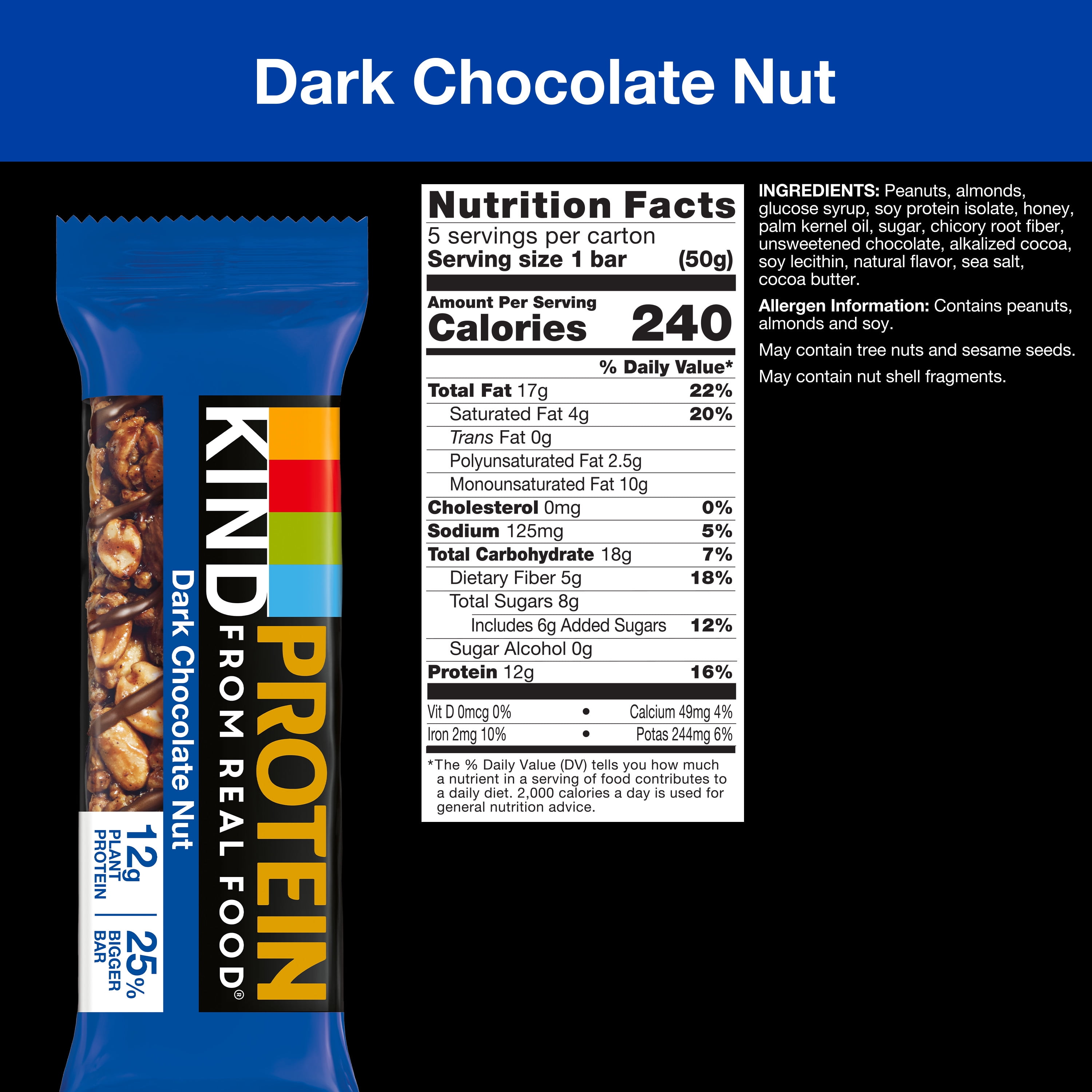 KIND Dark Chocolate Nut Protein Bar, Gluten Free, 1.76 oz, 5 Snack Bars Box