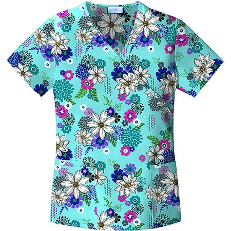 VIBRANT FLORAL Print Mock Wrap Scrub Top