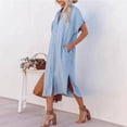 thumbnail image 3 of Women's Summer Loose Hand Pocket Midi Long Tunic Denim Shirt Dress, 3 of 5
