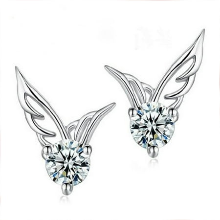 Women's Angel Wings Shape Crystal Platinum Plated Mini Earring Pierced Ear (Best Place To Get Ears Pierced For Guys)