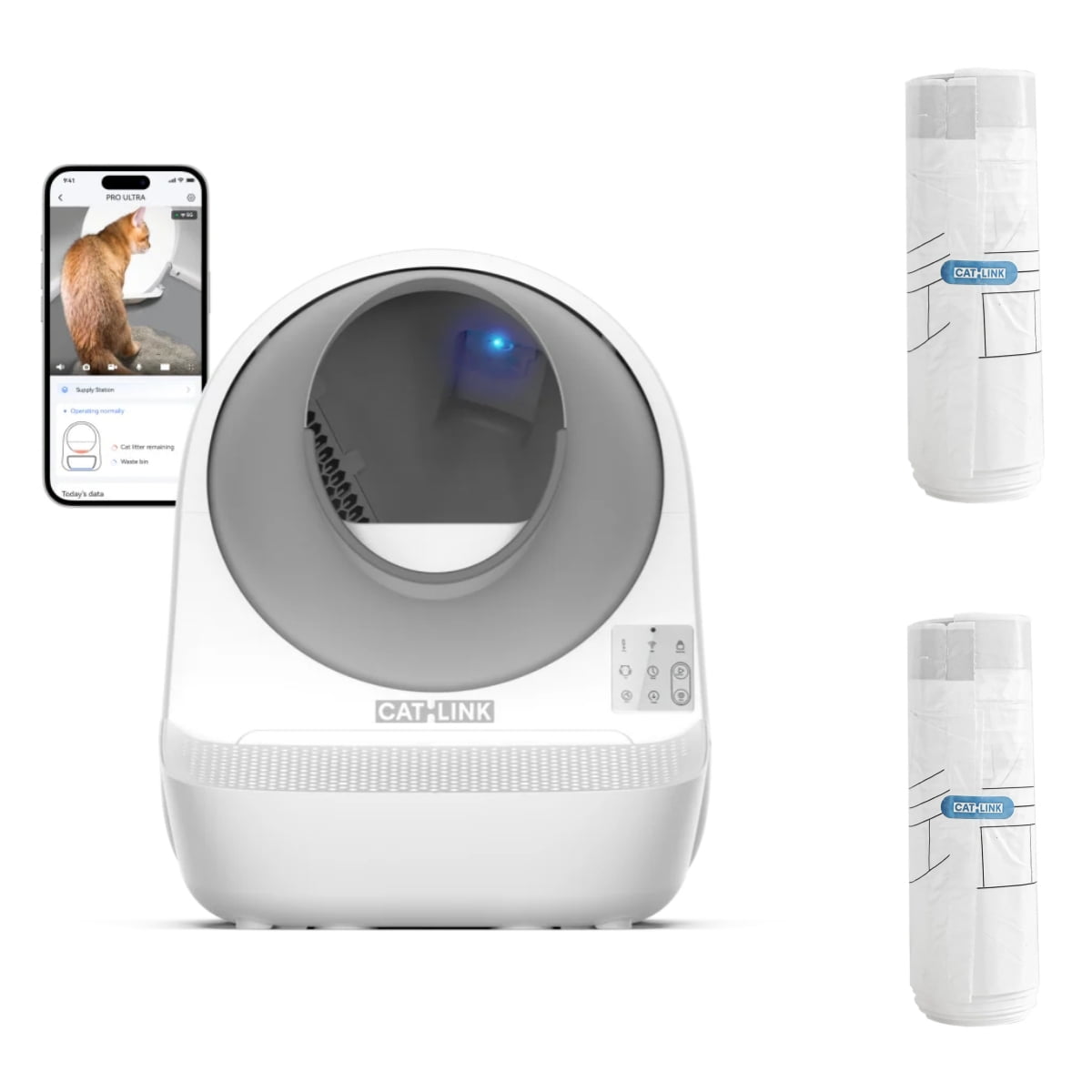CATLINK 65L Kitten Litter Box with Camera, Self Cleaning for Multiple Cats, Odor and Safe, Pet Gift(Litter Bags Set)