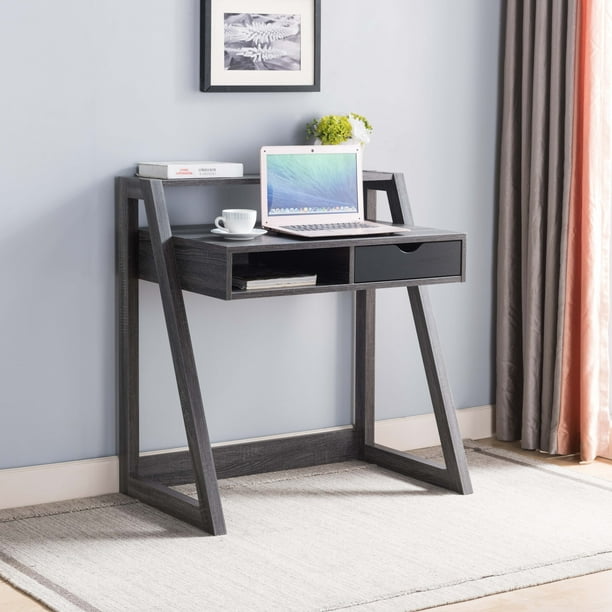ICE ARMOR Distressed Grey & Black Home Office Desk with Lifted Shelf
