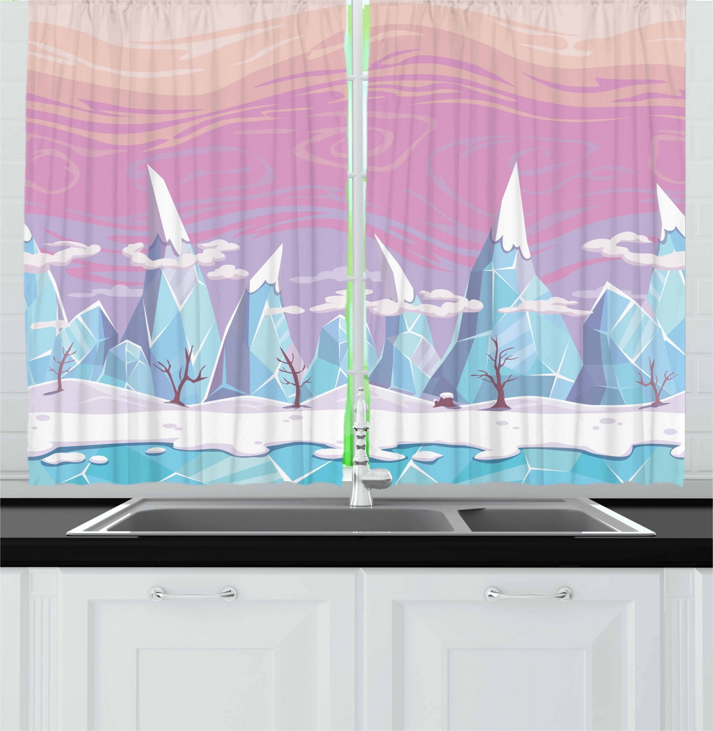 Winter Curtains 2 Panels Set Cartoon Style Fantasy Landscape With Ice Mountains Leafless Trees And Colorful Sky Window Drapes For Living Room Bedroom 55w X 39l Inches Multicolor By Ambesonne Walmart Com