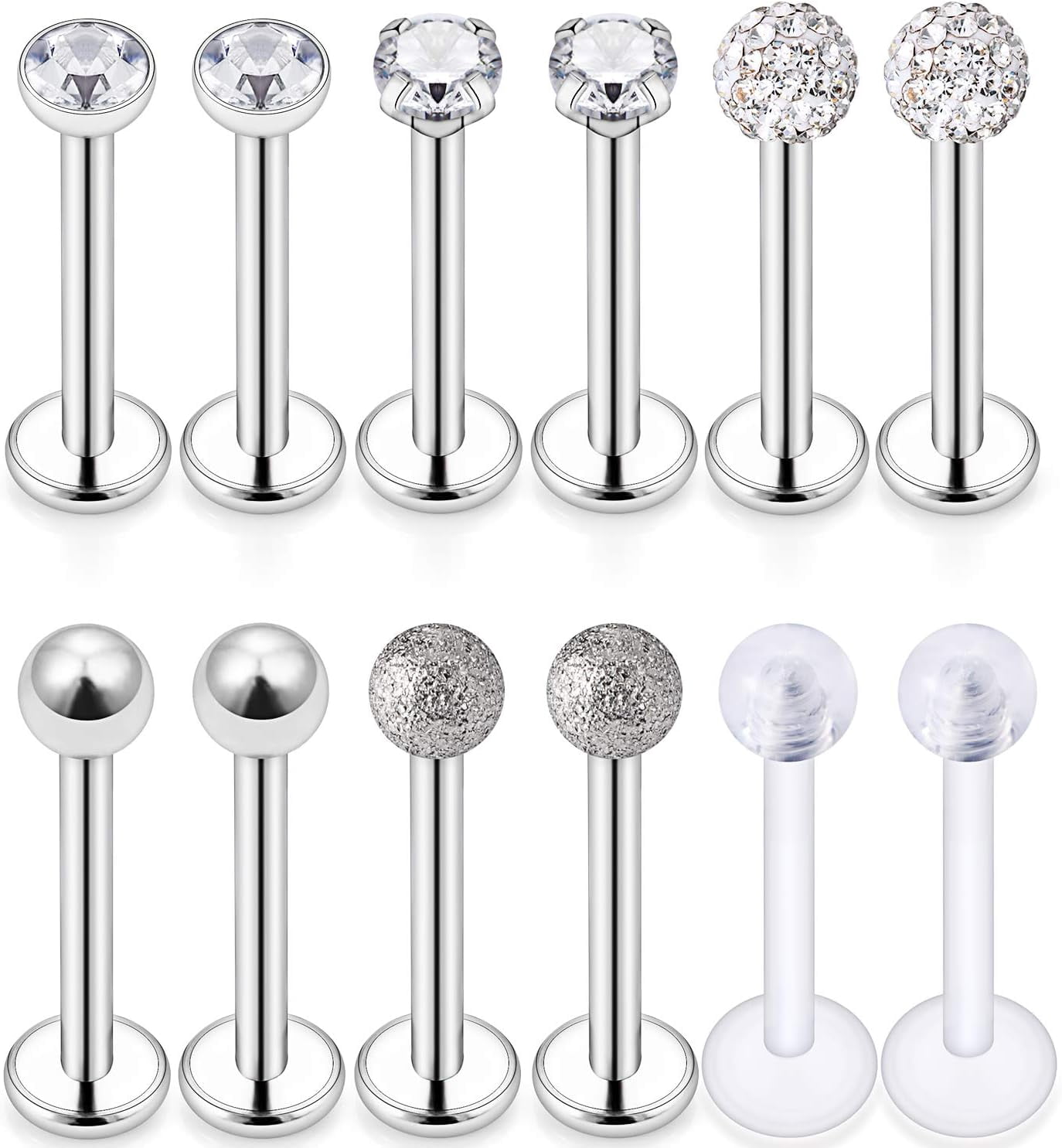 16G Stainless Steel Labret Studs Monroe Lip Rings Retainer Cartilage Tragus Nail Conch Helix Earring Barbell Piercing Jewelry with Clear Diamond CZ for Women Men