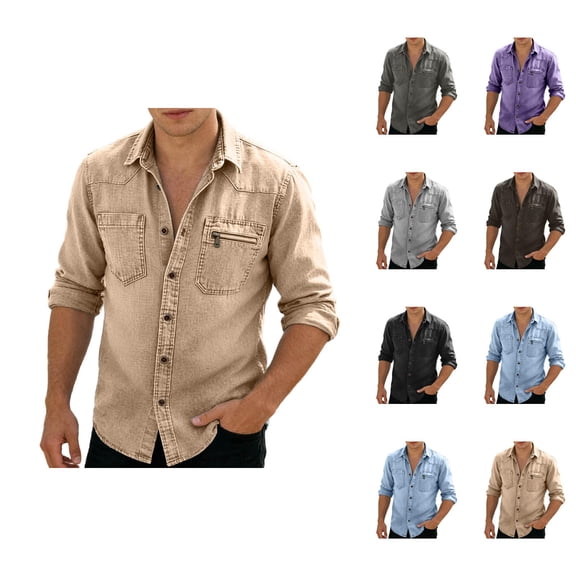 Long Sleeve Shirts for Men 2026 Spring Cotton Linen Relaxed Fit Button Down Lapel Collar Business Casual Work Shirt