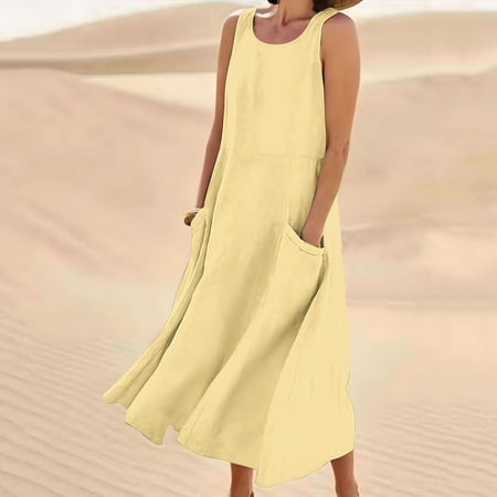 WIZUTIZ Beach Dresses for Women Loose Casual Linen Midi Dress Solid Pleated Dress Round Neck Sleeveless Peplum Dress for Teen Girls with Pockets Casual Graduation Dress Yellow XXXL