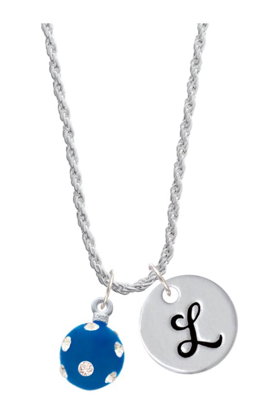 Silvertone 3-D Frosted Blue Resin Ornament with Crystals Silvertone Script Initial Disc - L - Charm Necklace, 20"+3"